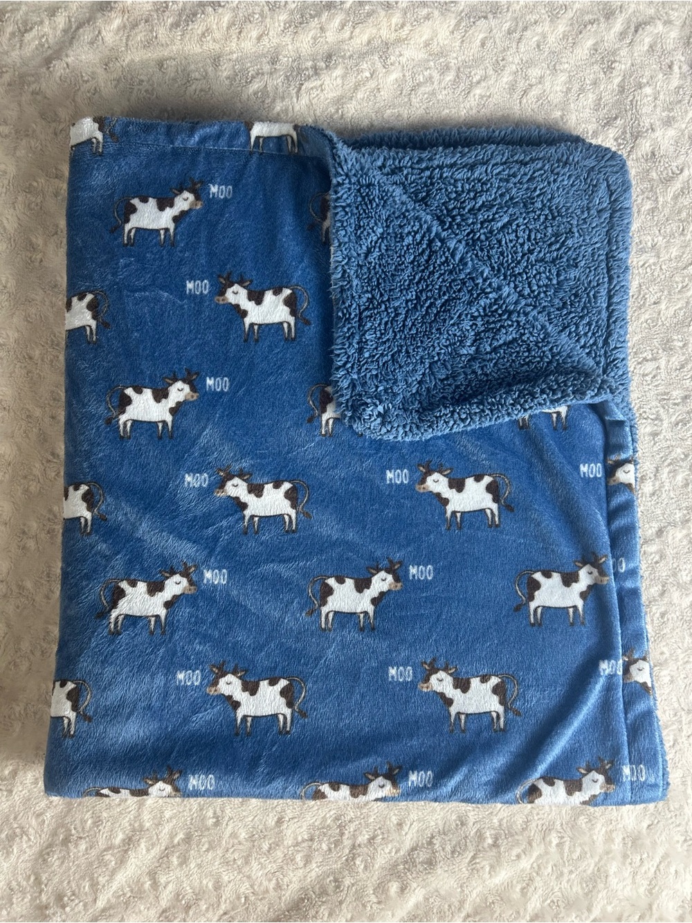 HB Hudson Baby Moo Cow Baby Blanket Blue White Sherpa Security Lovey farm calf